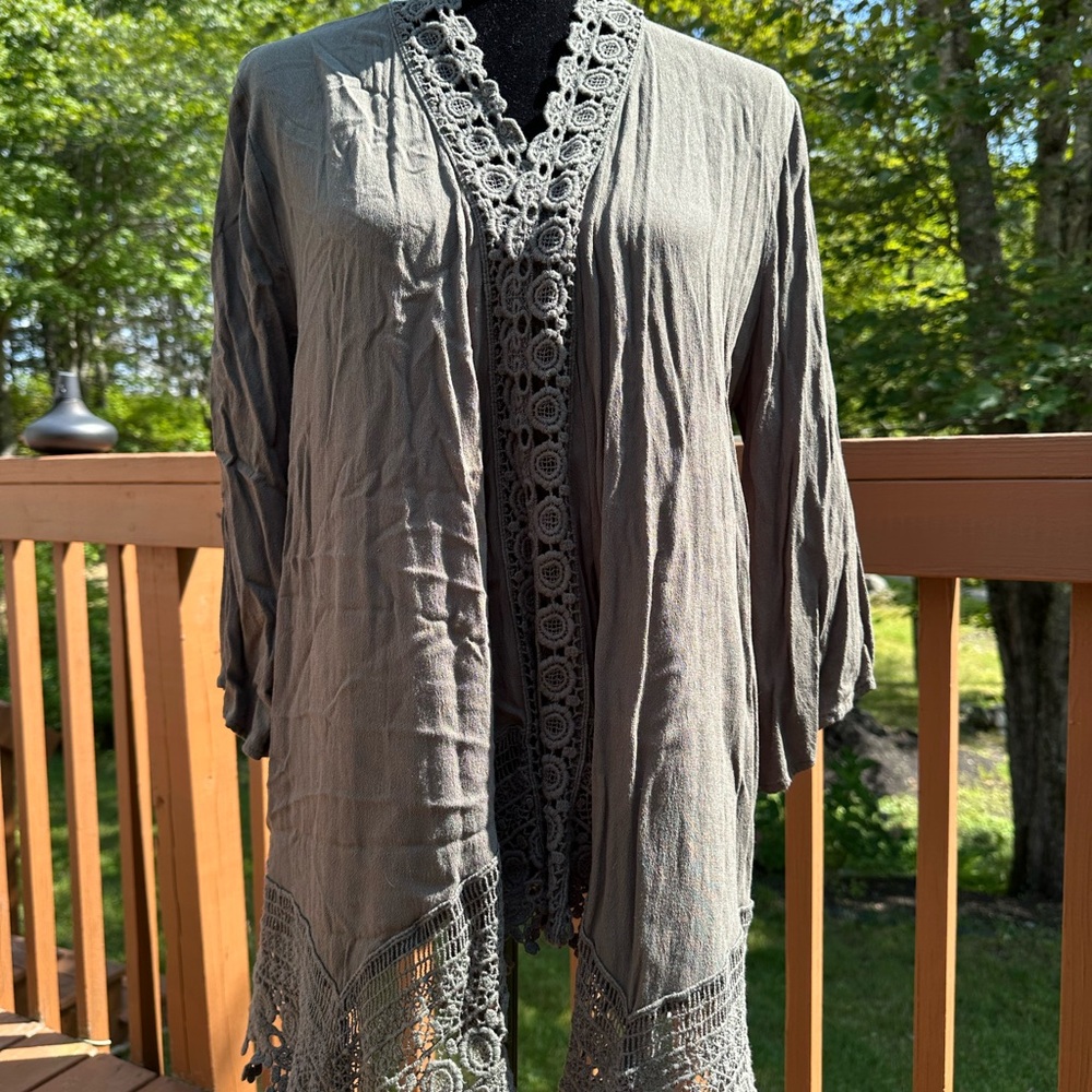 Maurice’s Green Crocheted Lace Trim Cardigan